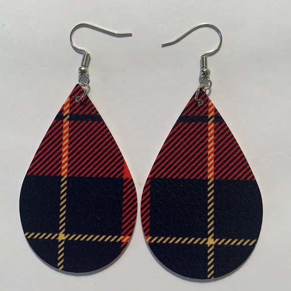Faux Leather Dangle Earrings Red Black Yellow Plaid - Picture 2 of 4